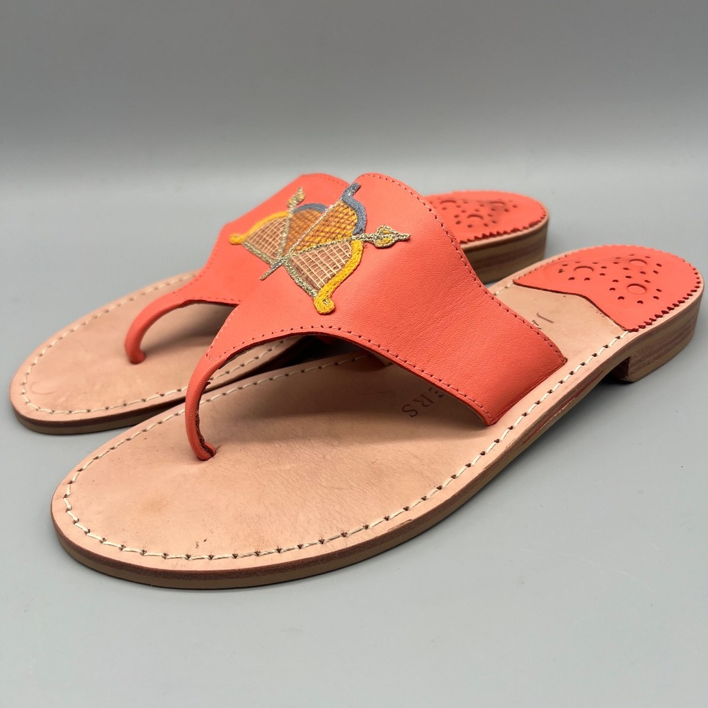Jack Rogers Womens 7.5M Coral Leather Embroidered Bow and Arrow Thong Sandals